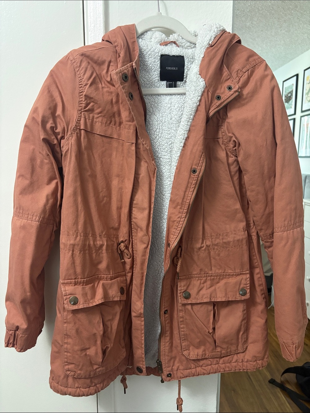 Forever 21 Rust Orange Hooded Sherpa-Lined Field Jacket